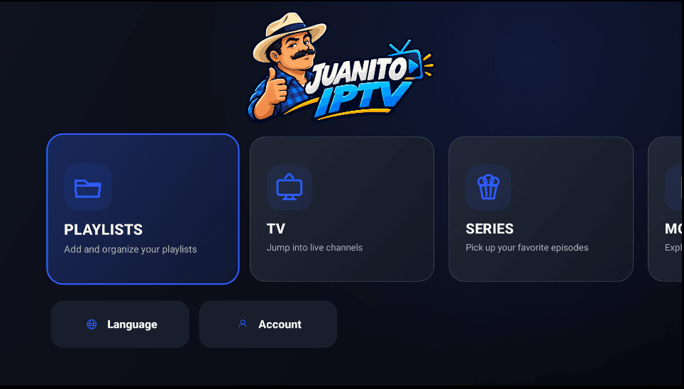 Tela inicial do JUANITOIPTV com seções de listas, TV, séries e filmes