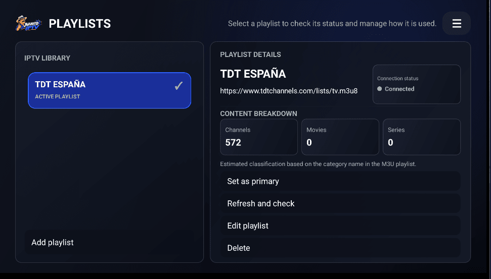 Biblioteca de listas e status de conexão no JUANITOIPTV