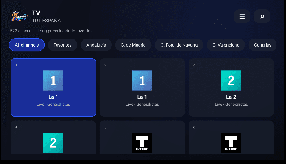Grade de canais ao vivo no JUANITOIPTV